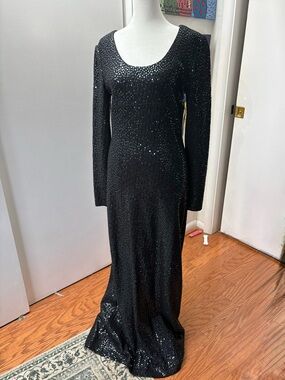 St. John Black Long-Sleeve Sequin Evening Gown